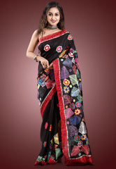 Black Colour Pure Tussar Silk Kantha Saree With Blouse Piece