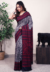 Grey with Black Border Tussar Pure Silk Kantha Saree With Blouse Piece