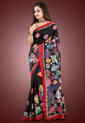 Black Colour Pure Tussar Silk Kantha Saree With Blouse Piece