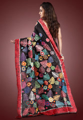 Black Colour Pure Tussar Silk Kantha Saree With Blouse Piece