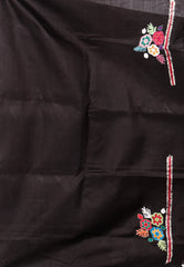 Black Colour Pure Tussar Silk Kantha Saree With Blouse Piece
