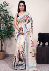 Off White Tussar Pure Silk Kantha Saree With Blouse Piece