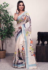 Off White Tussar Pure Silk Kantha Saree With Blouse Piece