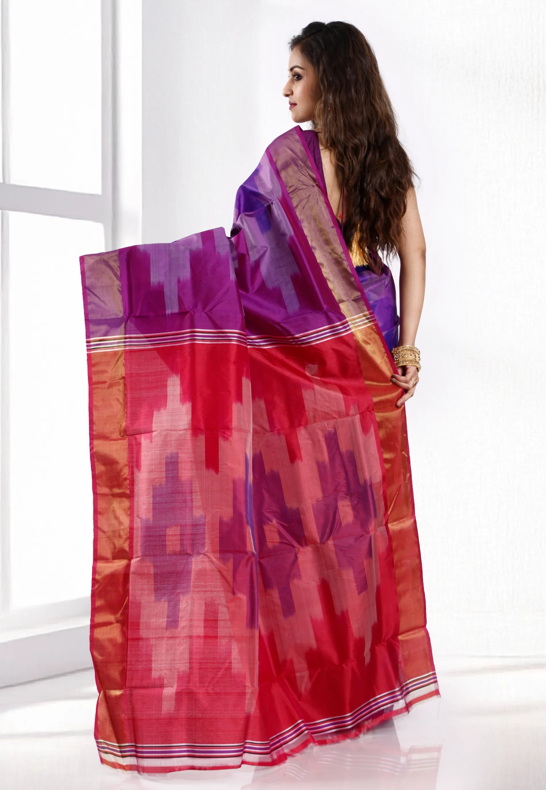 Purple Ikkat Pure Silk Saree With Blouse Piece