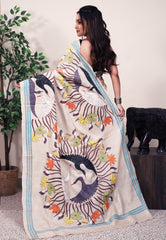 Off White Tussar Pure Silk Kantha Saree With Blouse Piece