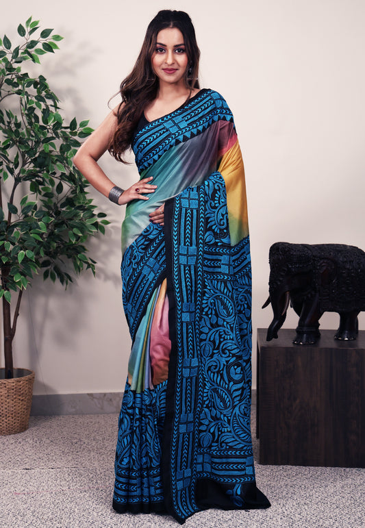 Multicolour Shaded Pure Silk Kantha Saree With Blouse Piece