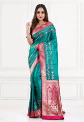 Rama Green with Rani Border Mashru Silk Saree with Blouse Piece