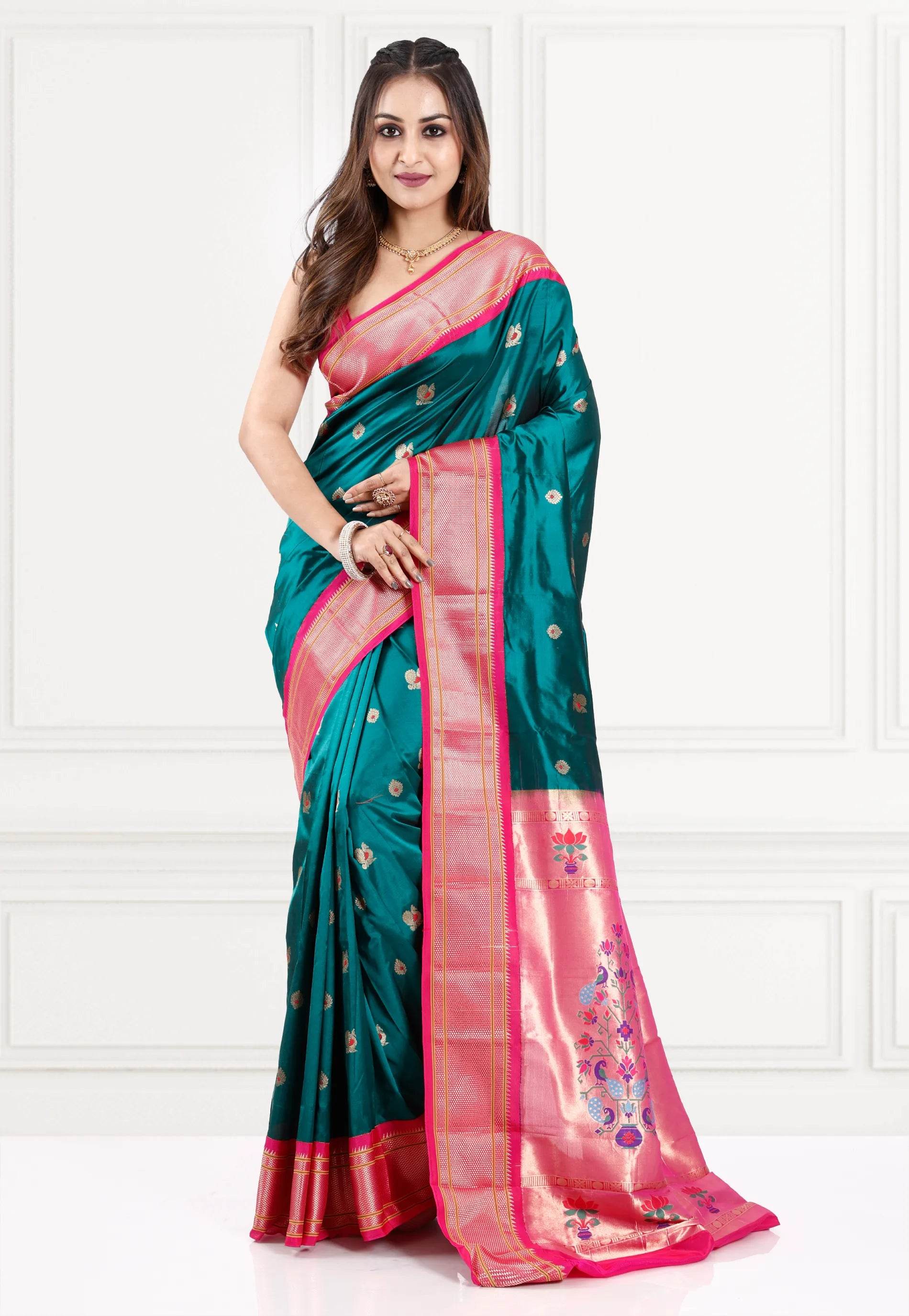 Rama Green with Rani Border Paithani Pure Silk Saree With Blouse Piece ...