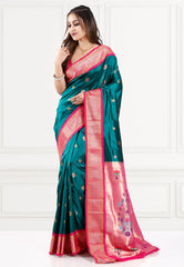 Rama Green with Rani Border Paithani Pure Silk Saree With Blouse Piece