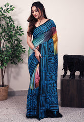 Multicolour Shaded Pure Silk Kantha Saree With Blouse Piece