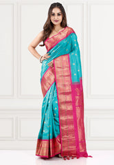 Sea Green with Rani Border Gadwal Pure Silk Saree With Blouse Piece