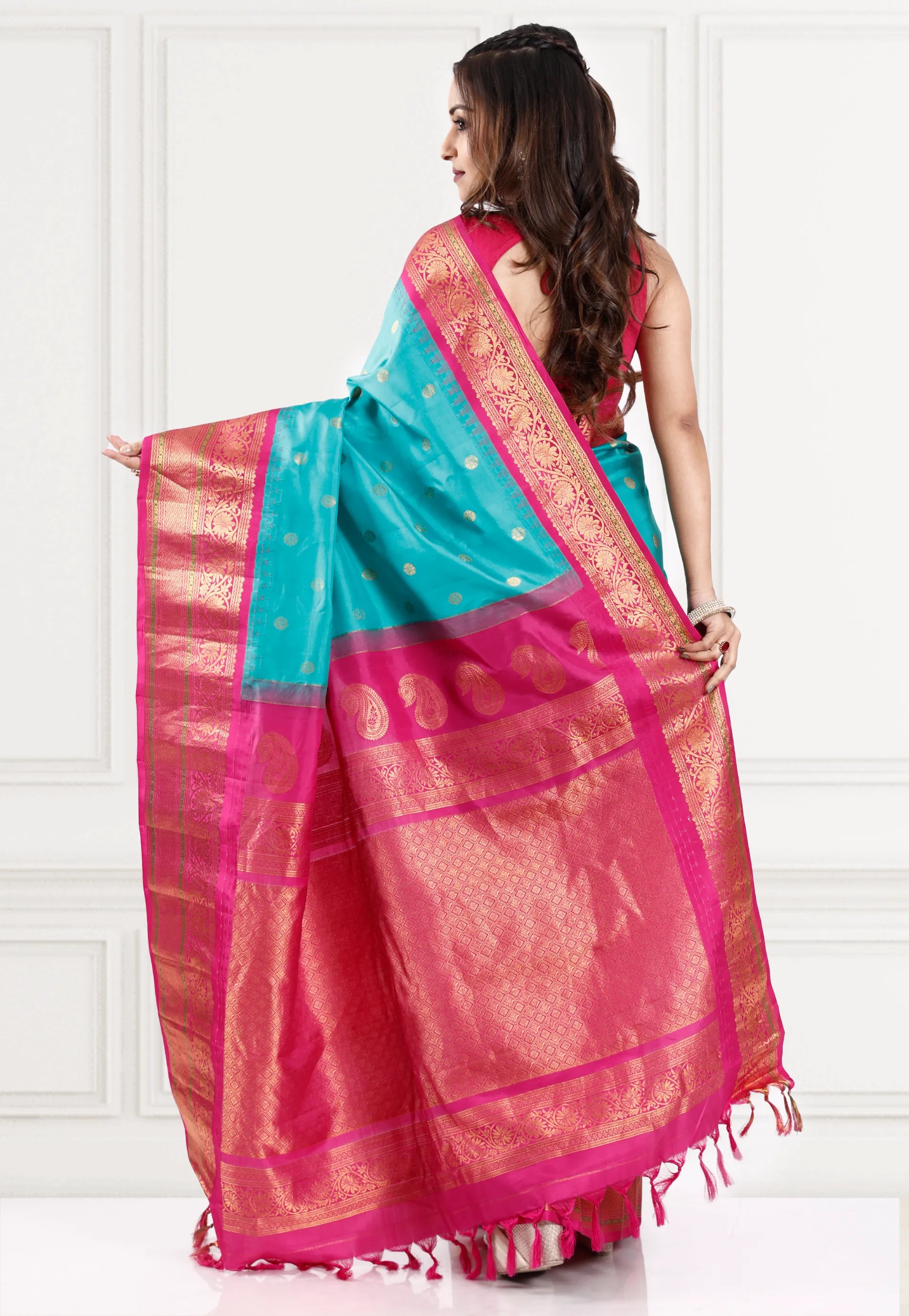 Sea Green with Rani Border Gadwal Pure Silk Saree With Blouse Piece