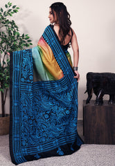 Multicolour Shaded Pure Silk Kantha Saree With Blouse Piece