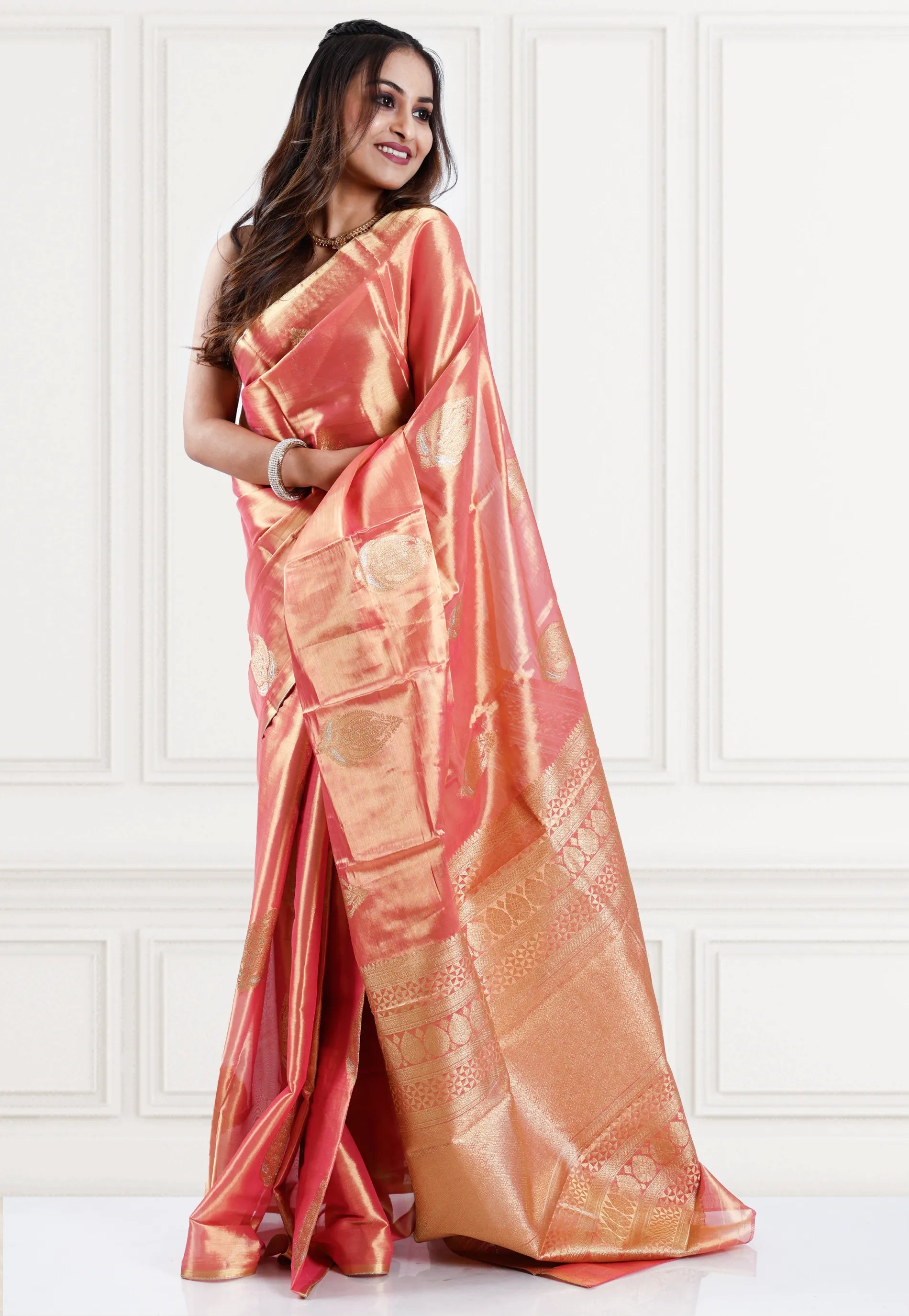 Pink Tissue Kanjivaram Silk Saree With Blouse Piece