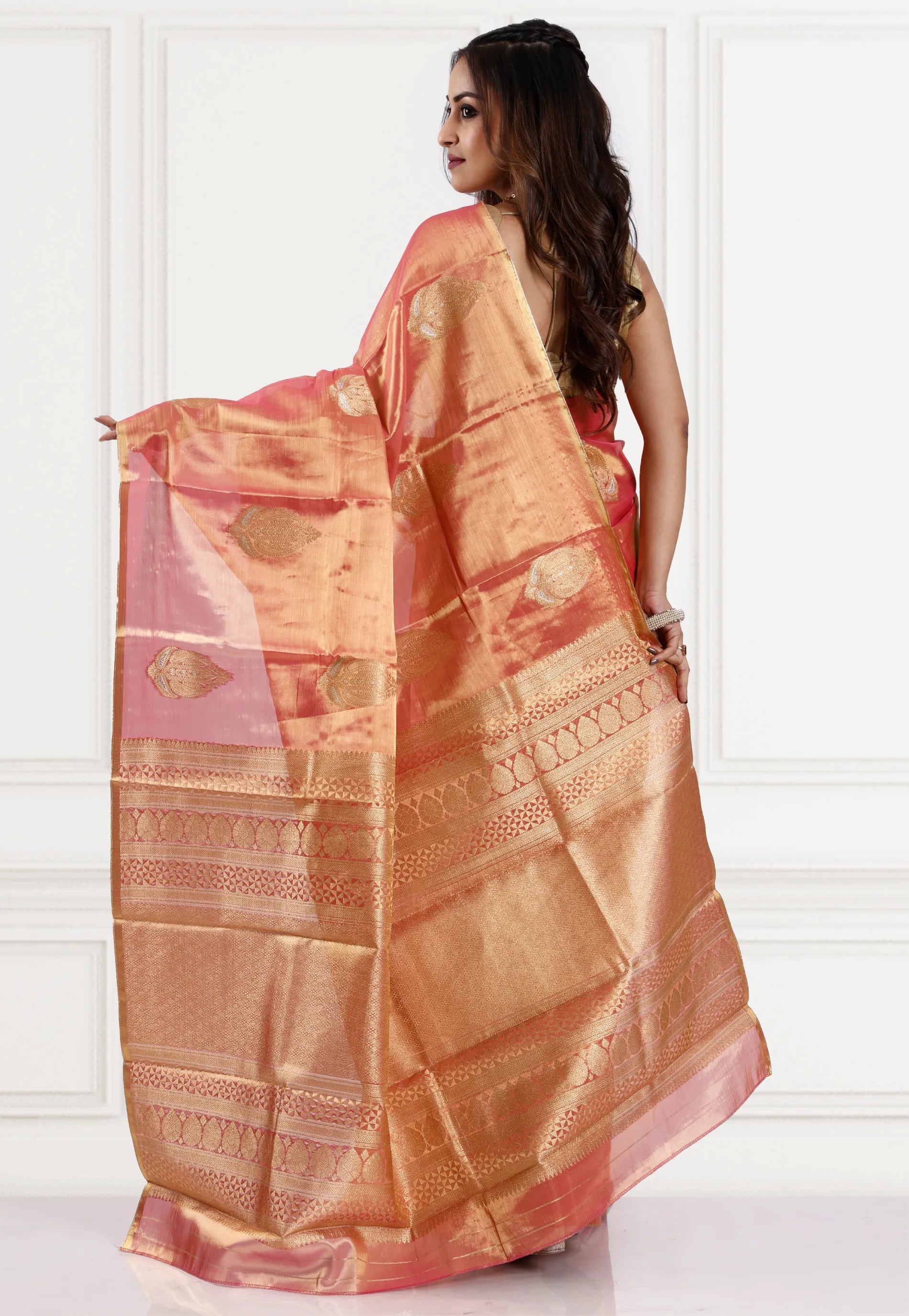 Pink Tissue Kanjivaram Silk Saree With Blouse Piece