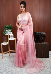 Onion Pink Tissue  Embroidery Saree with Blouse Piece