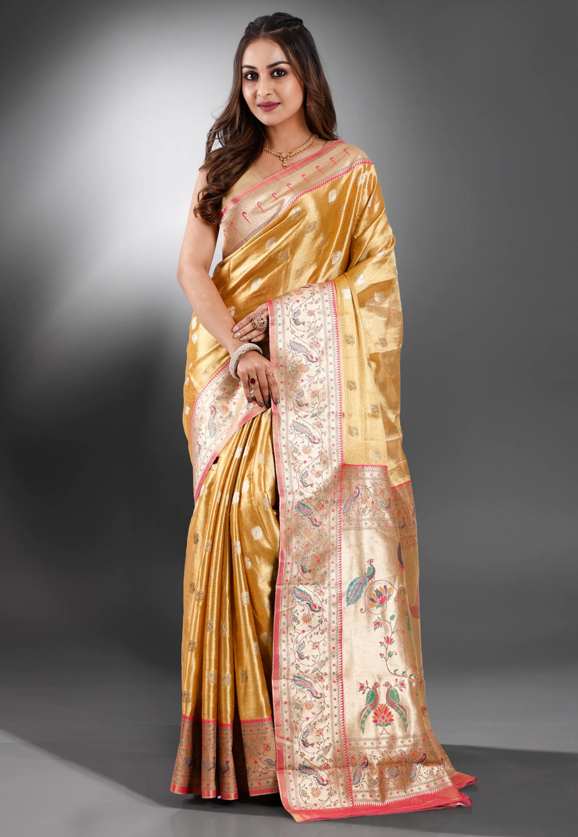 Golden Tissue Paithani Silk Saree With Blouse Piece
