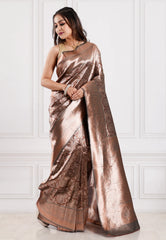 Copper Brocade Tissue Kanjivaram Silk Saree With Blouse Piece