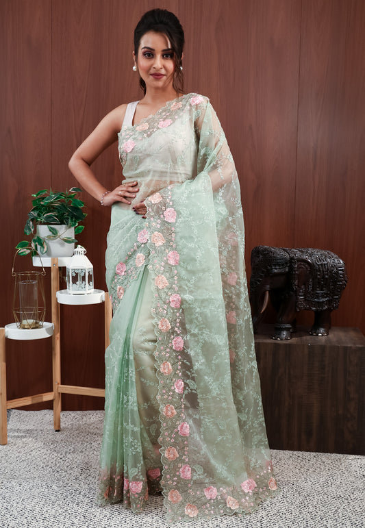 Pastel Green Organza Embroidery Saree with Blouse Piece