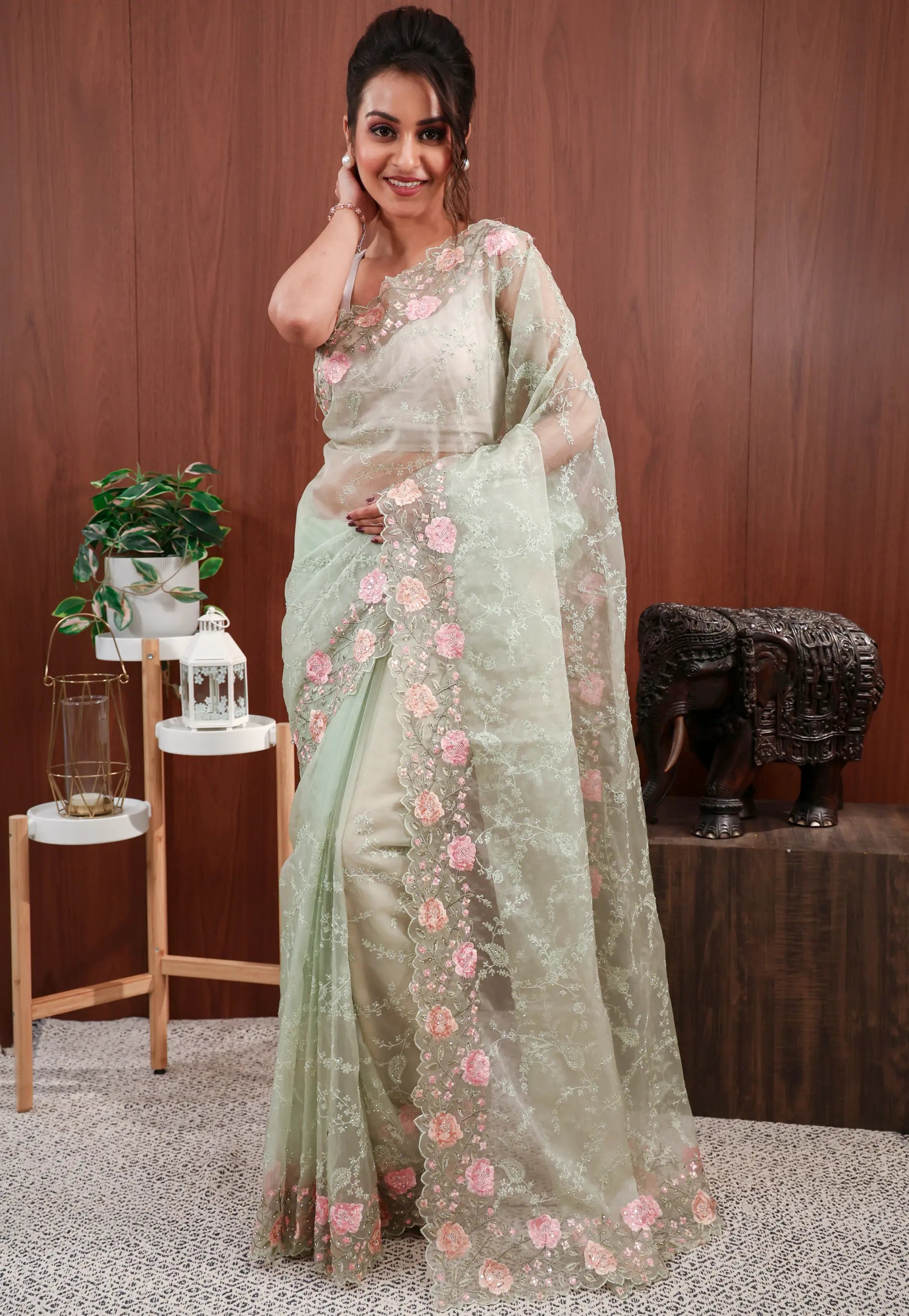 Pastel Green Organza Embroidery Saree with Blouse Piece
