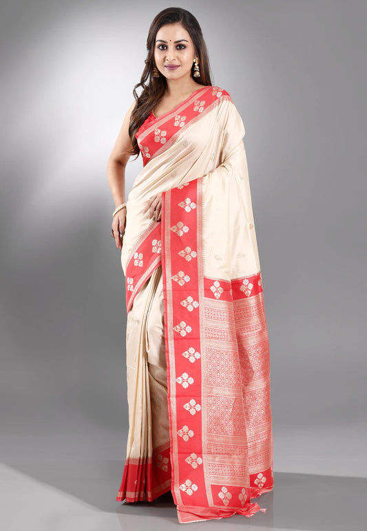 Offwhite with Red Border Kanjivaram Silk Saree With Blouse Piece