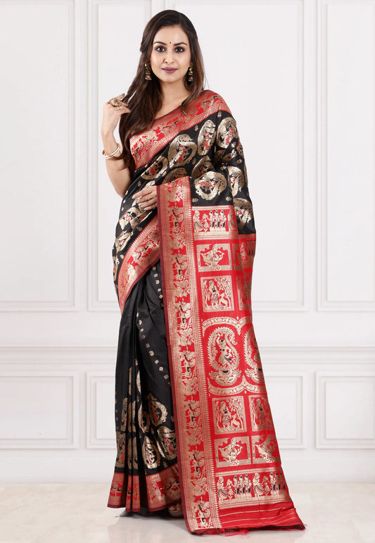 Black with Red Border Baluchari Silk Saree with Blouse Piece