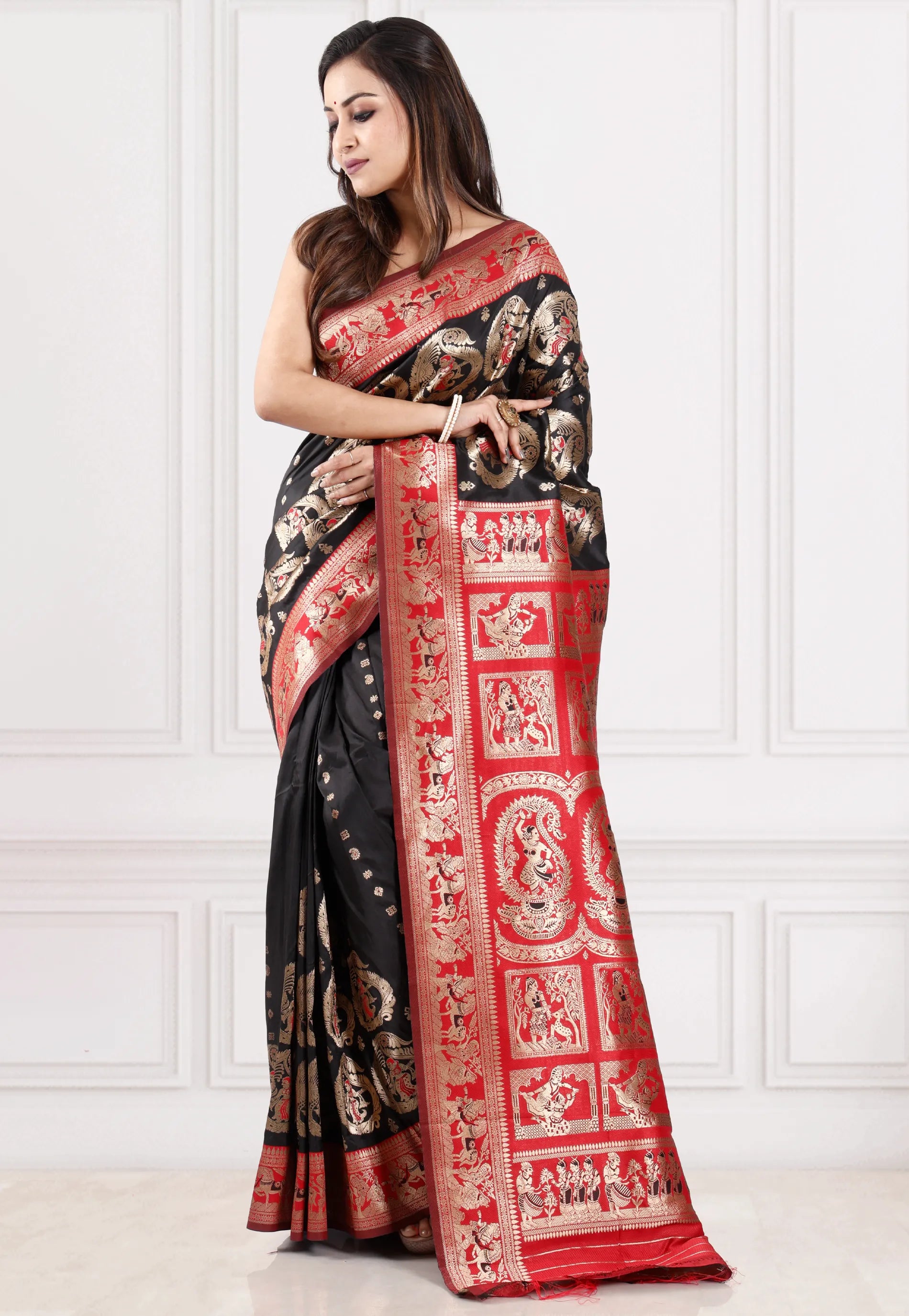 Black with Red Border Baluchari Silk Saree with Blouse Piece