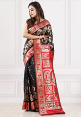 Black with Red Border Baluchari Silk Saree with Blouse Piece