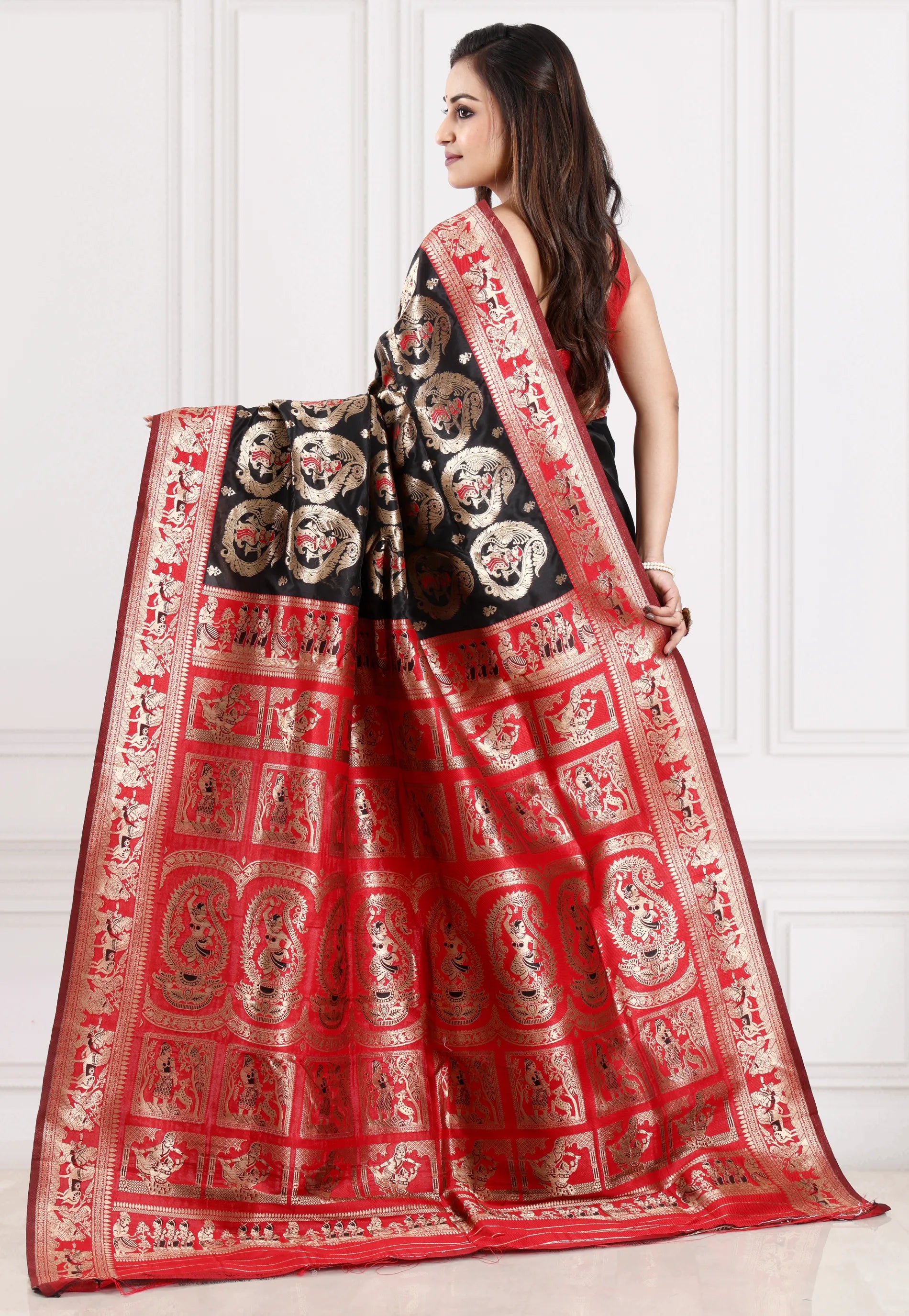 Black with Red Border Baluchari Silk Saree with Blouse Piece