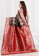 Black with Red Border Baluchari Silk Saree with Blouse Piece