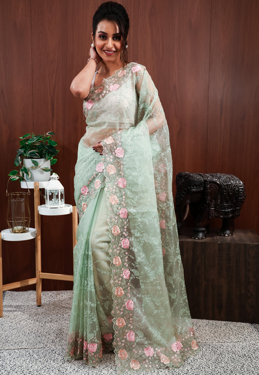 Pastel Green Organza Embroidery Saree with Blouse Piece