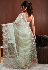 Pastel Green Organza Embroidery Saree with Blouse Piece