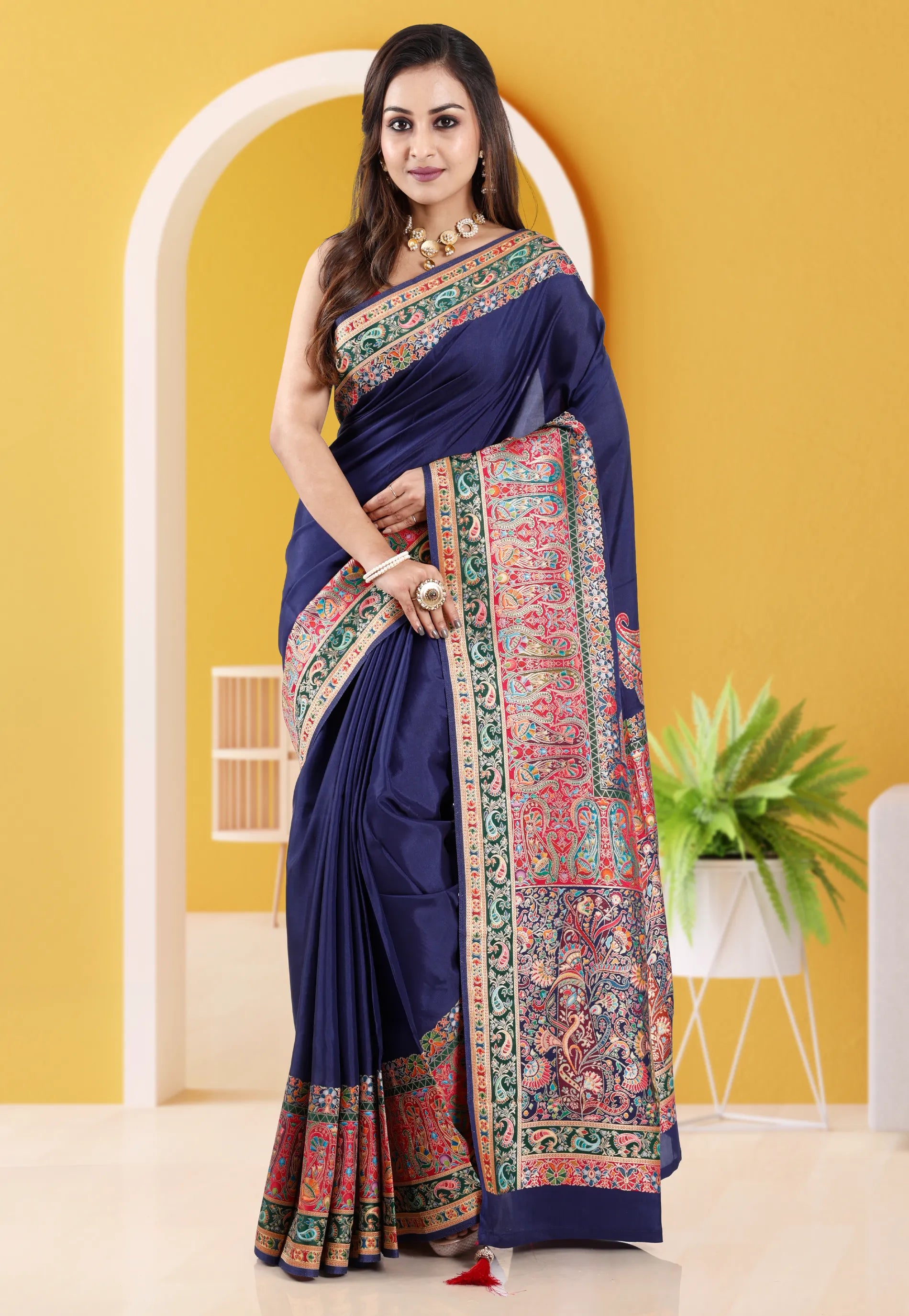 Navy Blue Kani Silk Saree With Blouse Piece