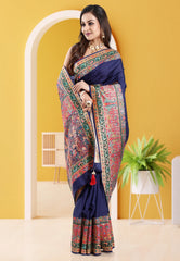 Navy Blue Kani Silk Saree With Blouse Piece