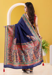 Navy Blue Kani Silk Saree With Blouse Piece