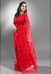 Red Dhakai Jamdani Cotton Saree without Blouse Piece