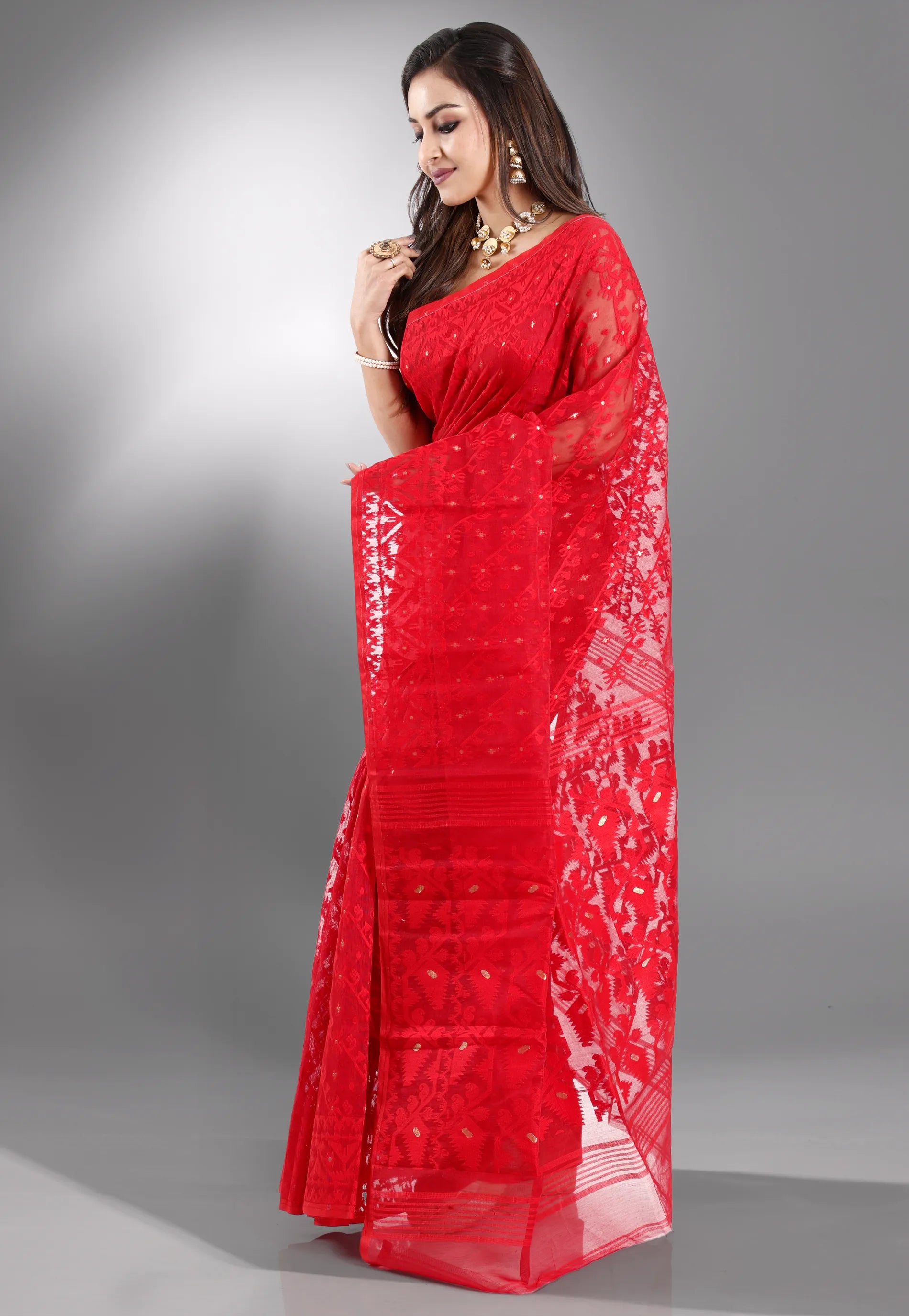 Red Dhakai Jamdani Cotton Saree without Blouse Piece