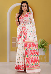 Off White Dhakai Jamdani Cotton Saree without Blouse Piece