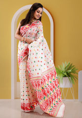 Off White Dhakai Jamdani Cotton Saree without Blouse Piece