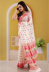 Off White Dhakai Jamdani Cotton Saree without Blouse Piece