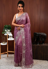 Mauve Tissue  with Hand Embroidery work Saree with Blouse Piece