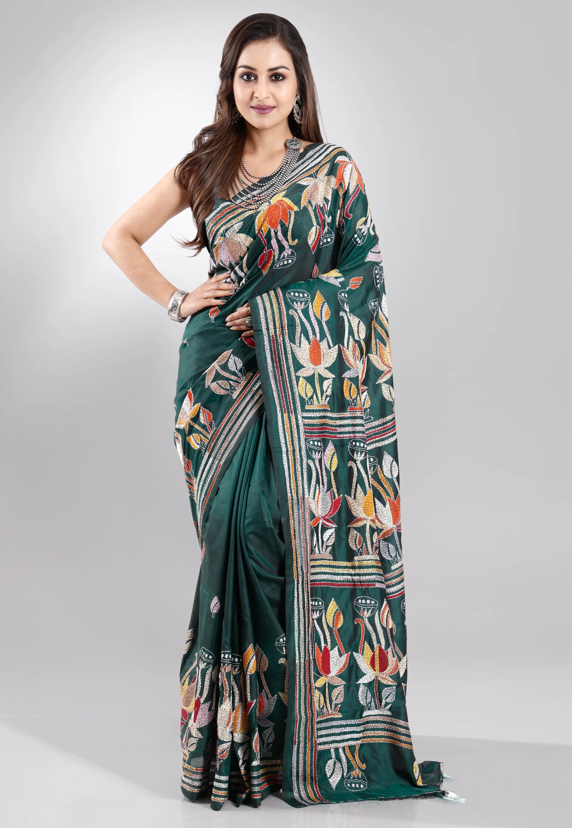 Bottle Green Blended Silk Kantha Saree With Blouse Piece