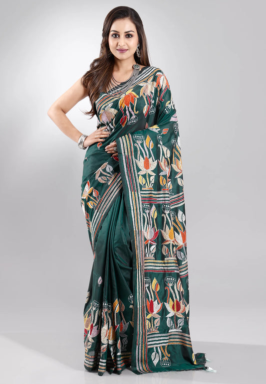 Bottle Green Blended Silk Kantha Saree With Blouse Piece