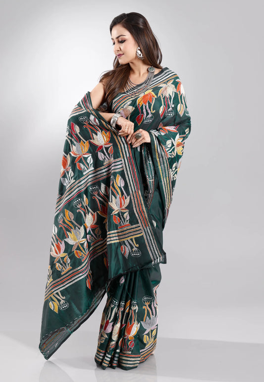 Bottle Green Blended Silk Kantha Saree With Blouse Piece