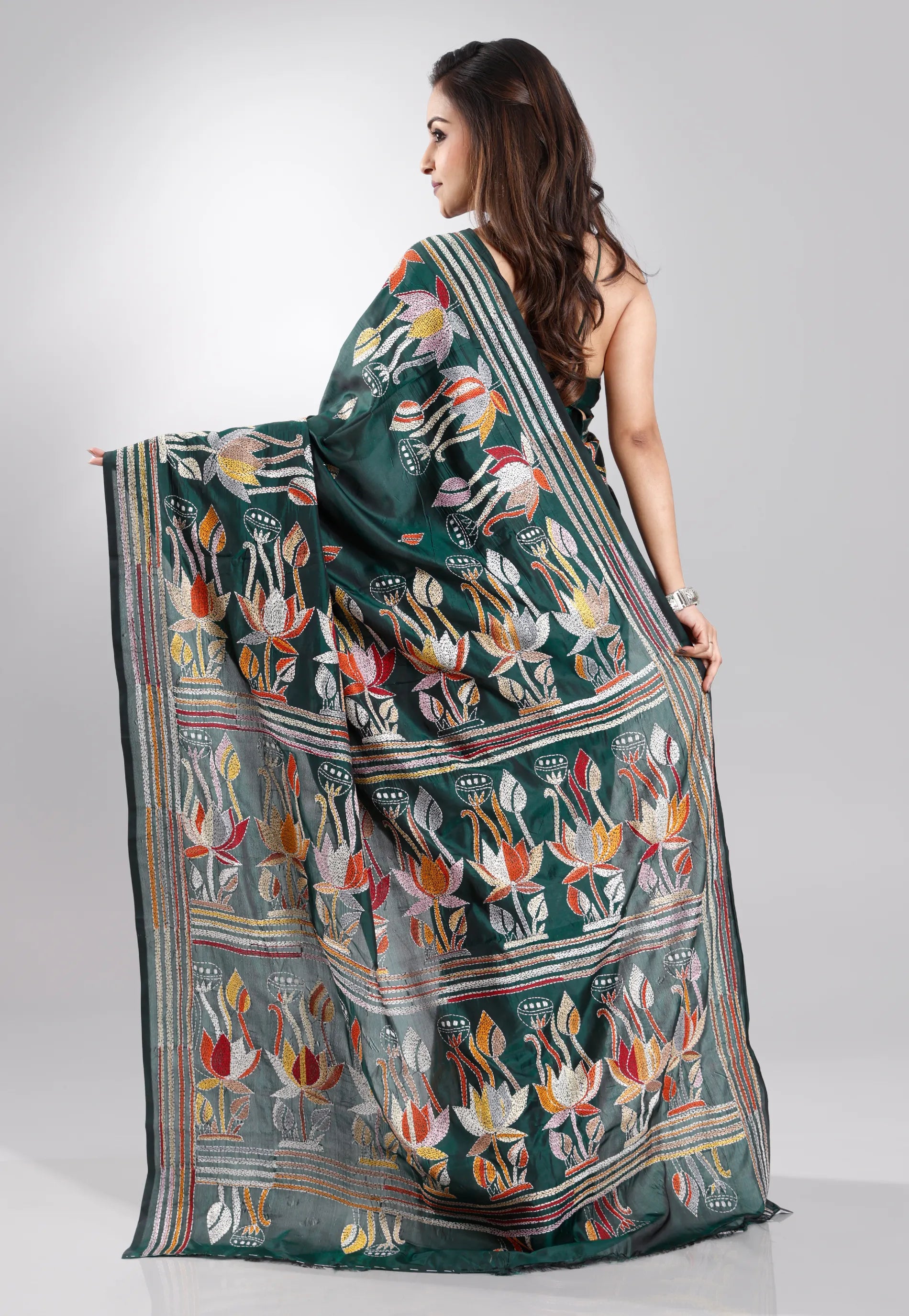 Bottle Green Blended Silk Kantha Saree With Blouse Piece