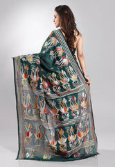 Bottle Green Blended Silk Kantha Saree With Blouse Piece