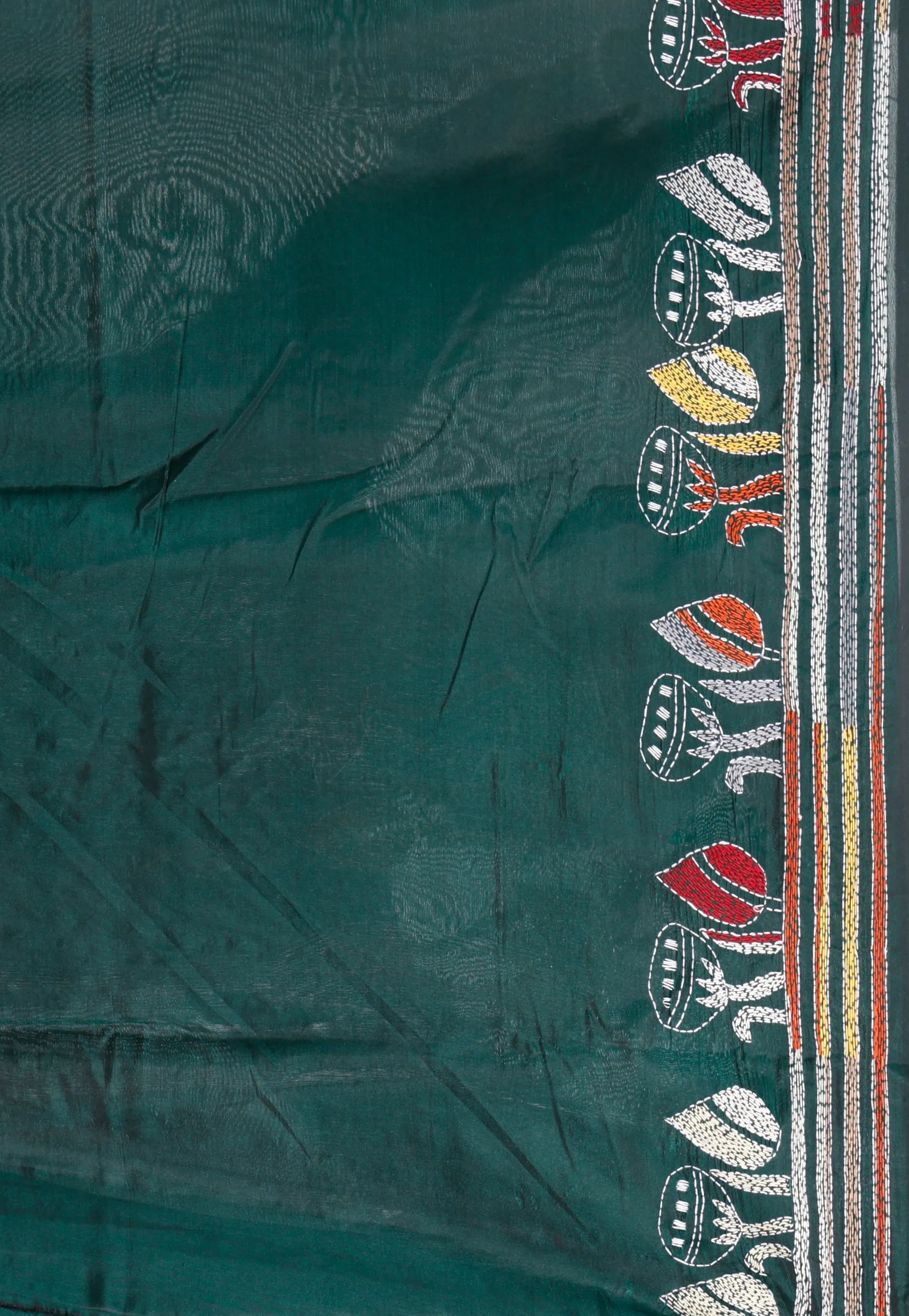 Bottle Green Blended Silk Kantha Saree With Blouse Piece