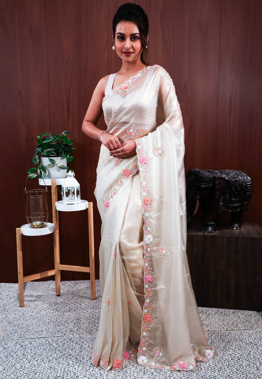 Golden Tissue Embroidery Saree with Blouse Piece