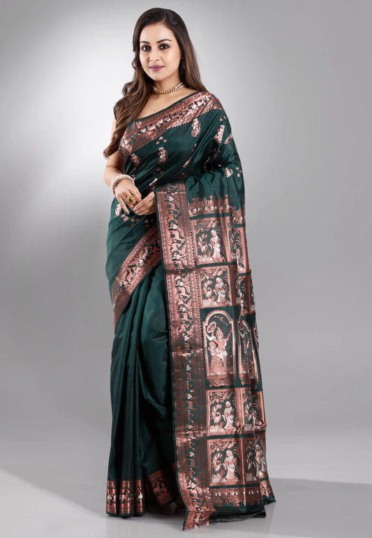 Bottle Green Baluchari Pure Silk Saree with Blouse Piece