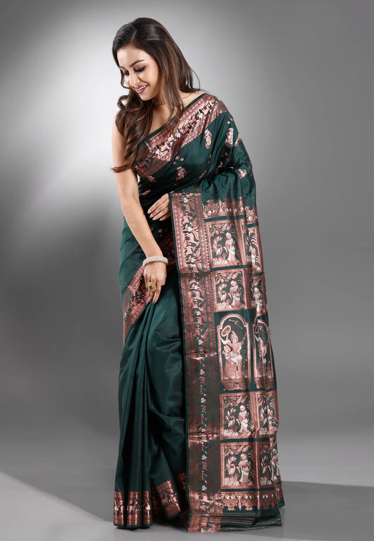 Bottle Green Baluchari Pure Silk Saree with Blouse Piece